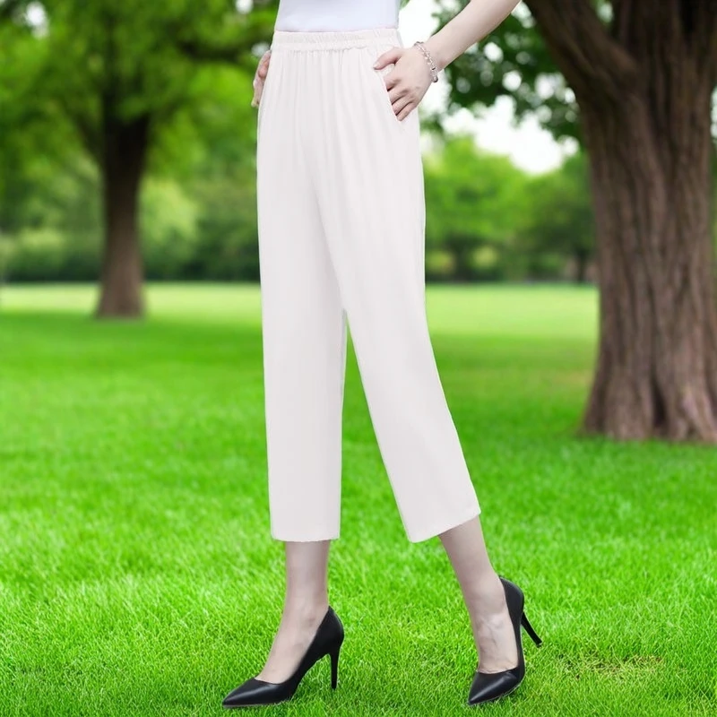 夏季棉绸八分裤小个子白色直筒休闲薄款显瘦大码垂感小脚女裤洋气
