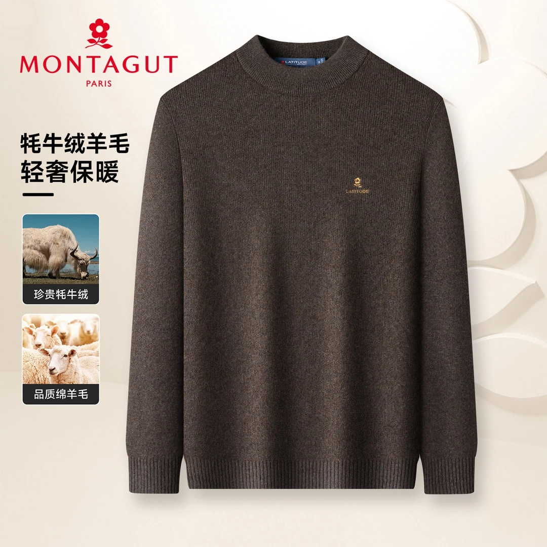 【梦特娇】【牦牛绒绵羊毛】25年冬季男士亲肤加厚圆领刺绣保暖针织衫