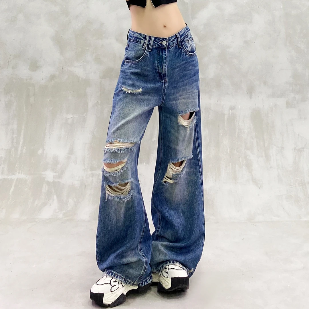 毛边破洞装饰蓝色牛仔裤女夏新款高腰宽松显瘦百搭直筒阔腿拖地裤