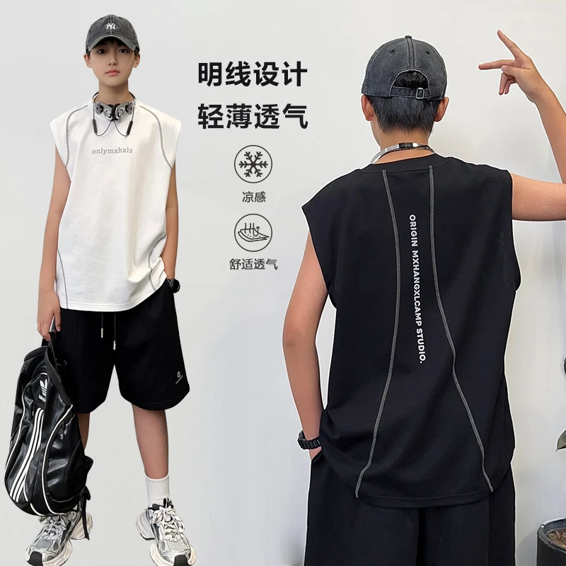 XT1792小赖家青少年背心夏季男大童圆领印花宽松无袖大男孩上衣
