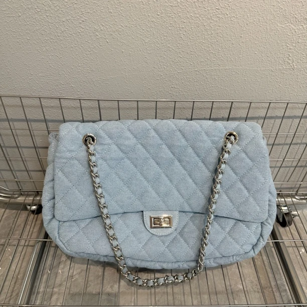 小众时尚百搭休闲丹宁纯色中号腋下牛仔单肩包斜挎流浪包蓝色菱格