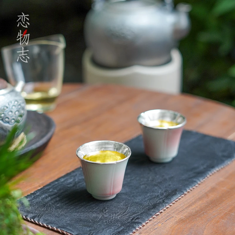 足银999纯手工包银杯简约主人杯家用品茗杯功夫茶杯茶具茶器 柚红
