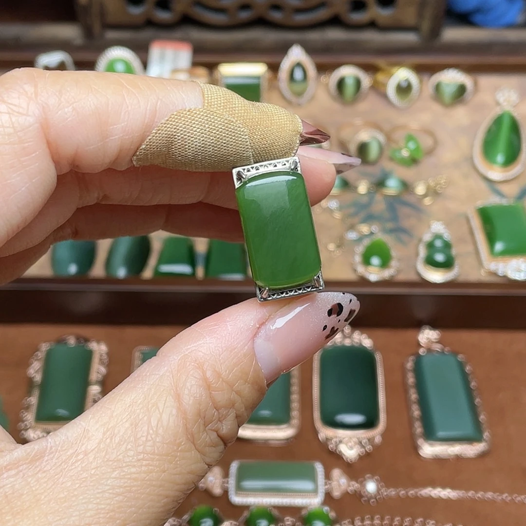 和田玉（碧玉）银S925镶嵌吊坠(不含链)戒指