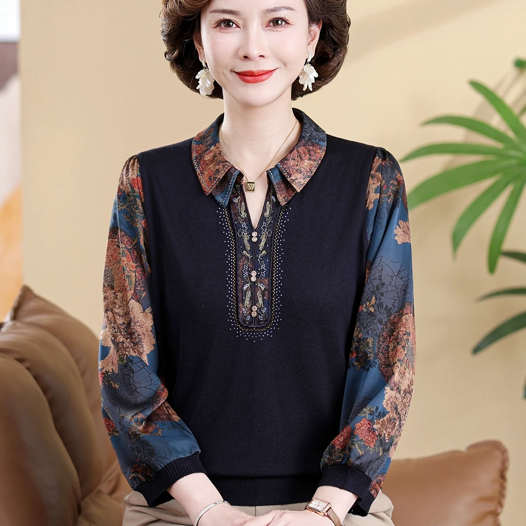 妈妈春装洋气薄款翻领上衣2025新款针织小衫中老年人春秋纱袖t恤