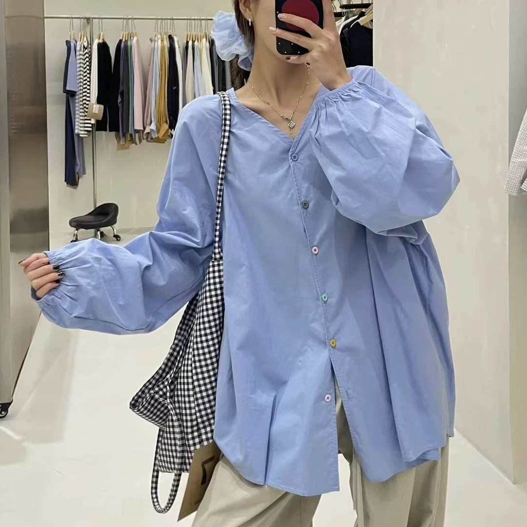 彩虹糖～韩版慵懒风V领彩扣长袖衬衫上衣