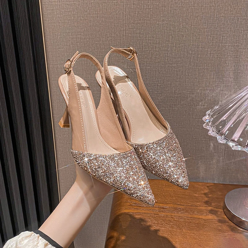 夏季尖头仙女风浅口高跟鞋法式百搭气质细跟包头一字带时尚凉鞋子