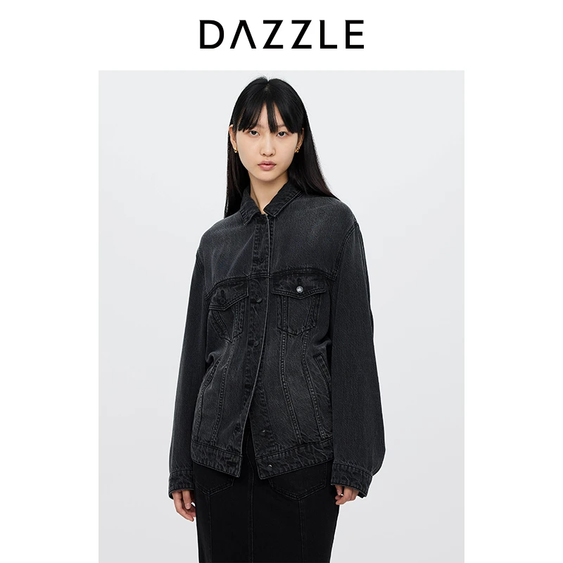 DAZZLE地素奥莱 短外套24秋新黑色磨白牛仔长袖外套2I3RD02
