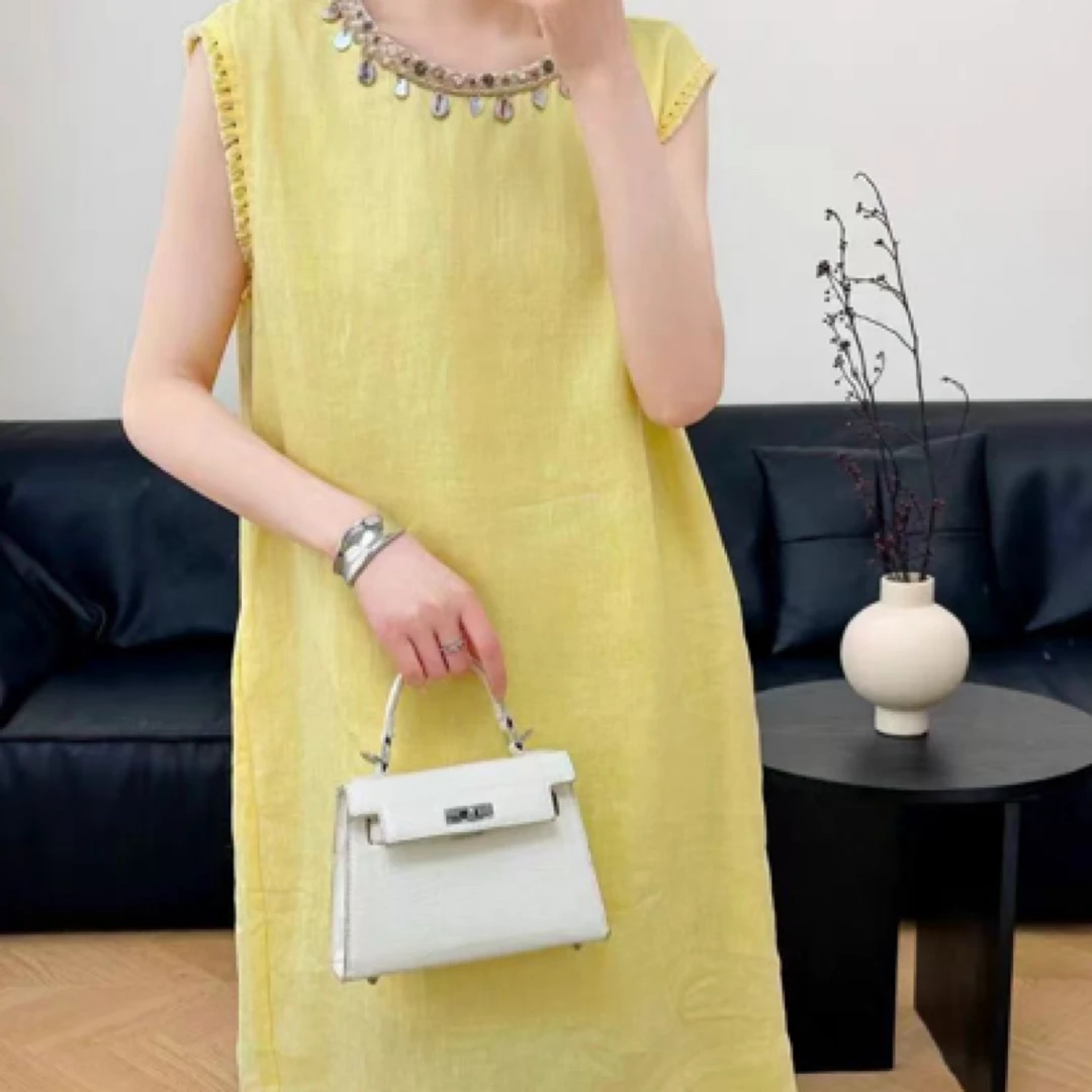 深圳高品质重磅100亚麻钉珠圆领背心款连衣裙