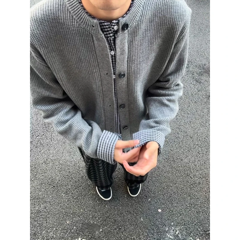 衬衫拼接假两件毛衣男款秋冬季叠穿开衫学院风针织衫cleanfit外套