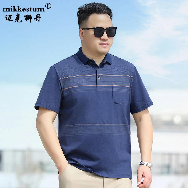 胖子纯棉短袖T恤男加肥加大码翻领真口袋汗衫肥佬爸爸条纹POLO衫