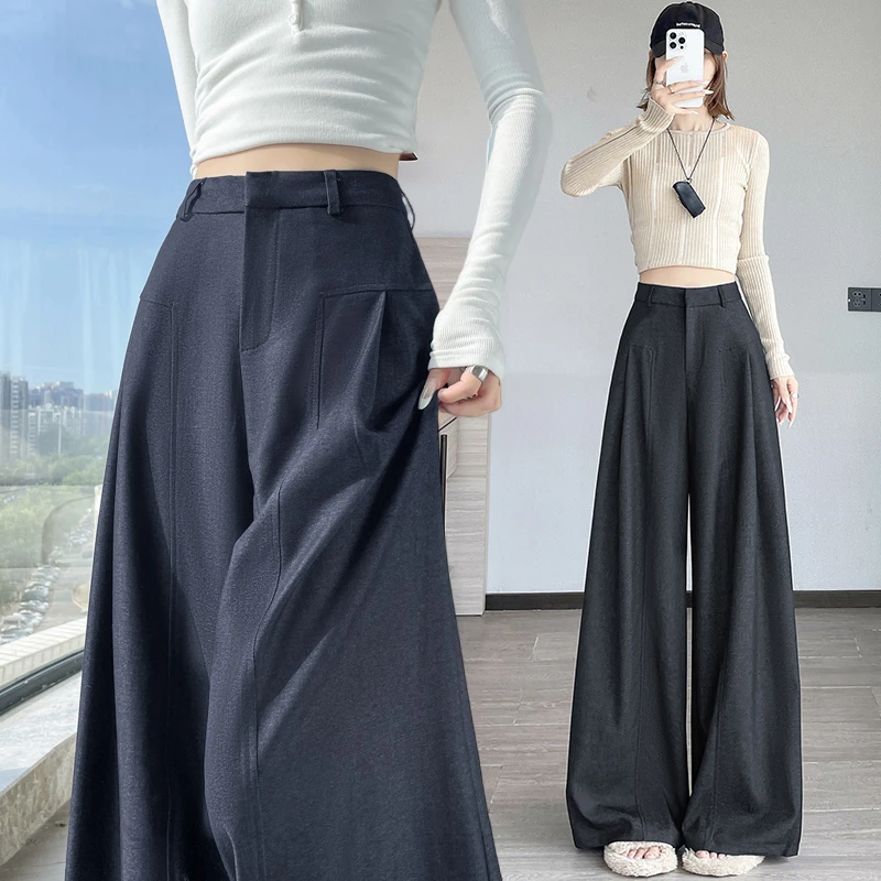 老钱风深蓝色仿牛仔阔腿裤女秋季高腰显瘦宽松直筒休闲西装裤