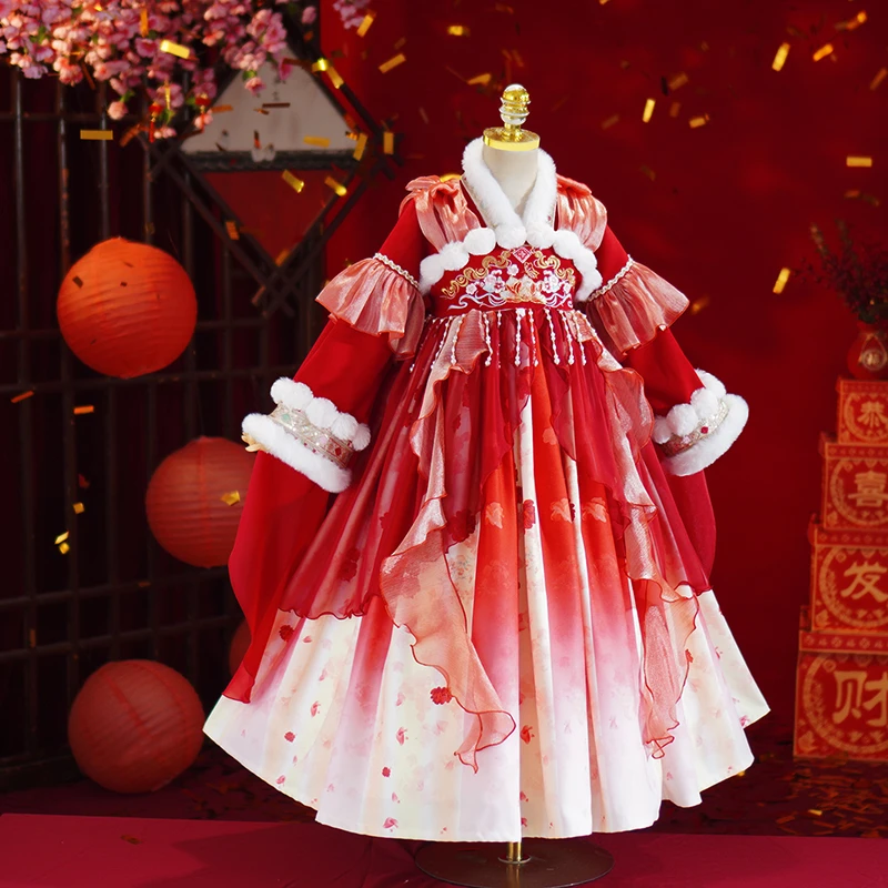 汉服女童秋冬款儿童古装拜年服冬季国风唐装女孩古风裙子hls8803