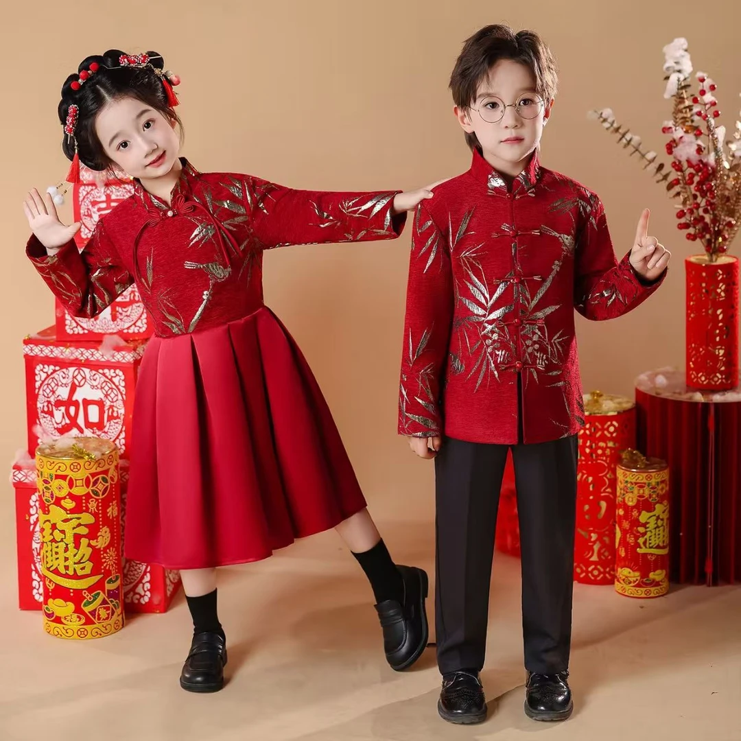 元旦儿童合唱演出服小学生中国朗诵礼服女童红色爱国喜庆舞台表演