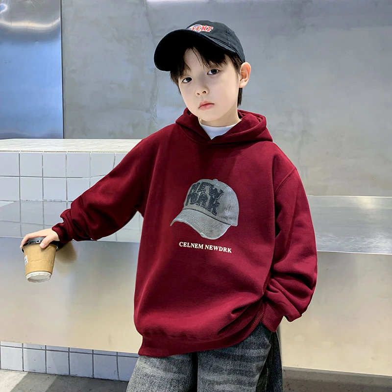 男大童红色连帽卡通卫衣秋季中大童帅气韩版套头春秋儿童上衣男孩