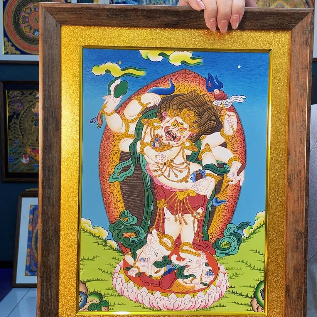 卷轴画手绘唐卡 白六臂带框45*35厘米