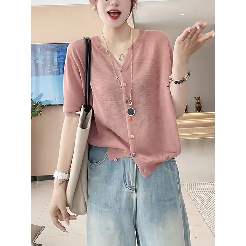 韩版宽松V领单排扣短袖针织衫女夏季2025新款洋气百搭薄款上衣潮