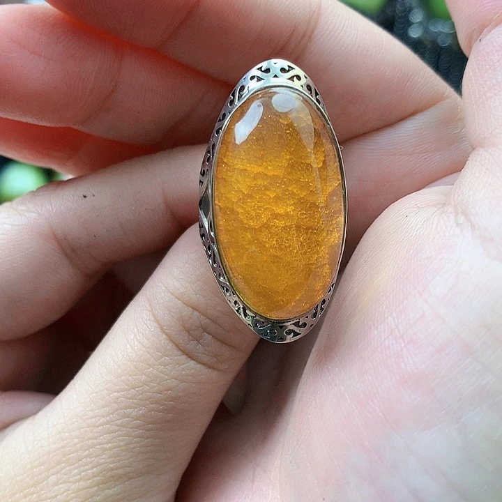 琥珀裸石银S925镶嵌戒指