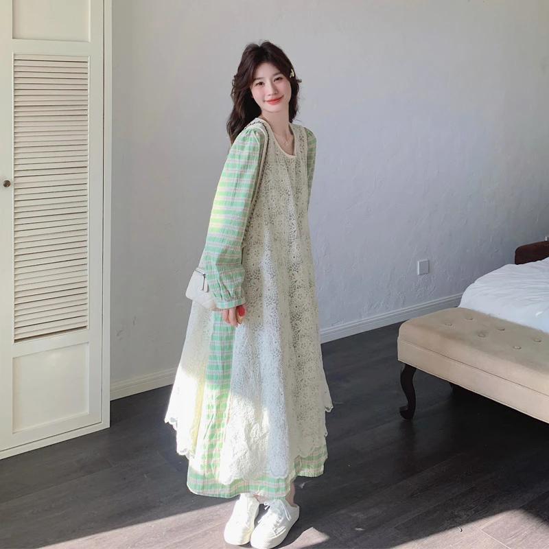 韩系蕾丝叠穿连衣裙套装女2025春秋新款森系田园风氛围感懒人穿搭
