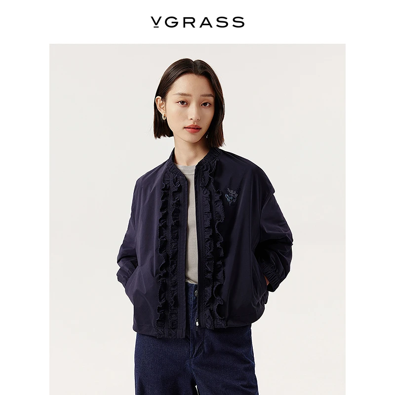 VGRASS维格娜丝25年春季新款减龄荷叶边进口面料短外套VSW3Q1022C