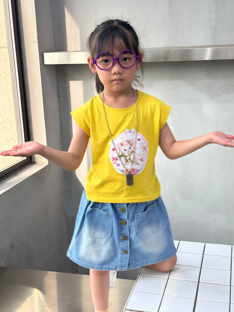 女童夏季可爱套头韩版薄款纯色套装2025新款印花夏装盐系少年感