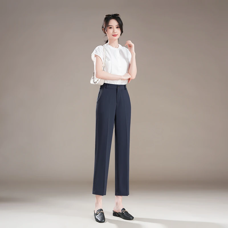 夏季冰感丝薄款八分九分烟管裤女小个子高腰显瘦大码直筒小西裤