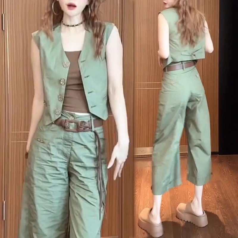 美式复古休闲套装女夏季新款气质显瘦无袖马甲上衣阔腿裤子两件套