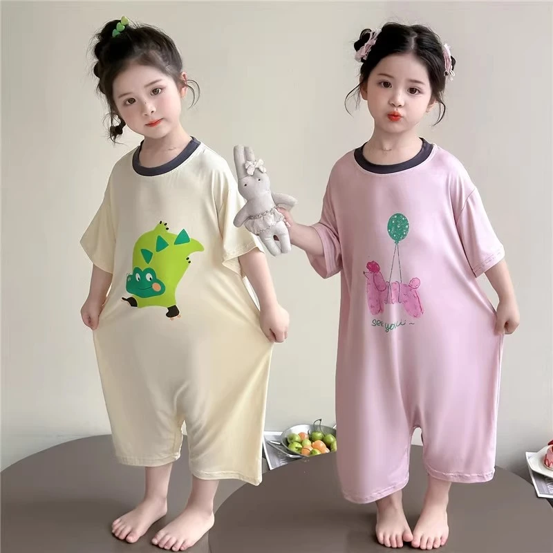 儿童睡衣女孩夏季薄款莫代尔连体防踢凉感女童空调服宝宝连身睡袋