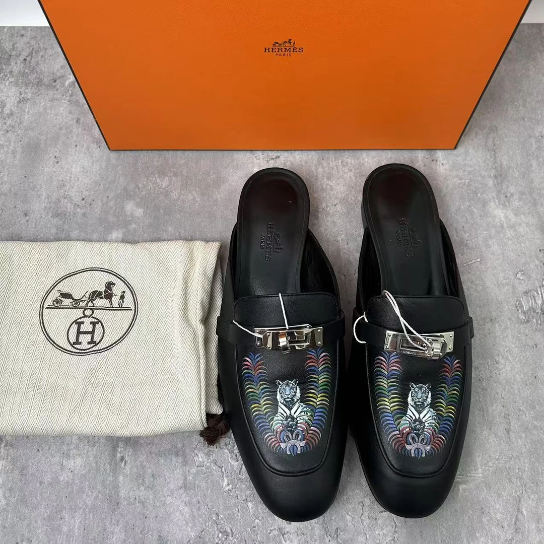 99新 Hermes/爱马仕 36.5码/仔仔/全套/黑色书包扣包头半拖 1112