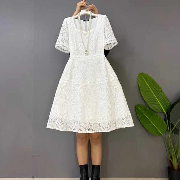 新款大码女装时尚气质方领松紧腰纯色蕾丝连衣裙