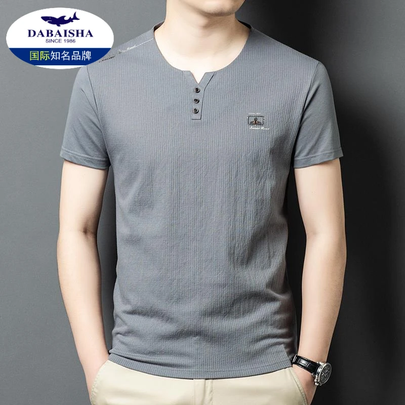 夏季休闲男士亨利领棉短袖t恤潮流时尚男装薄款纯色透气半袖体恤