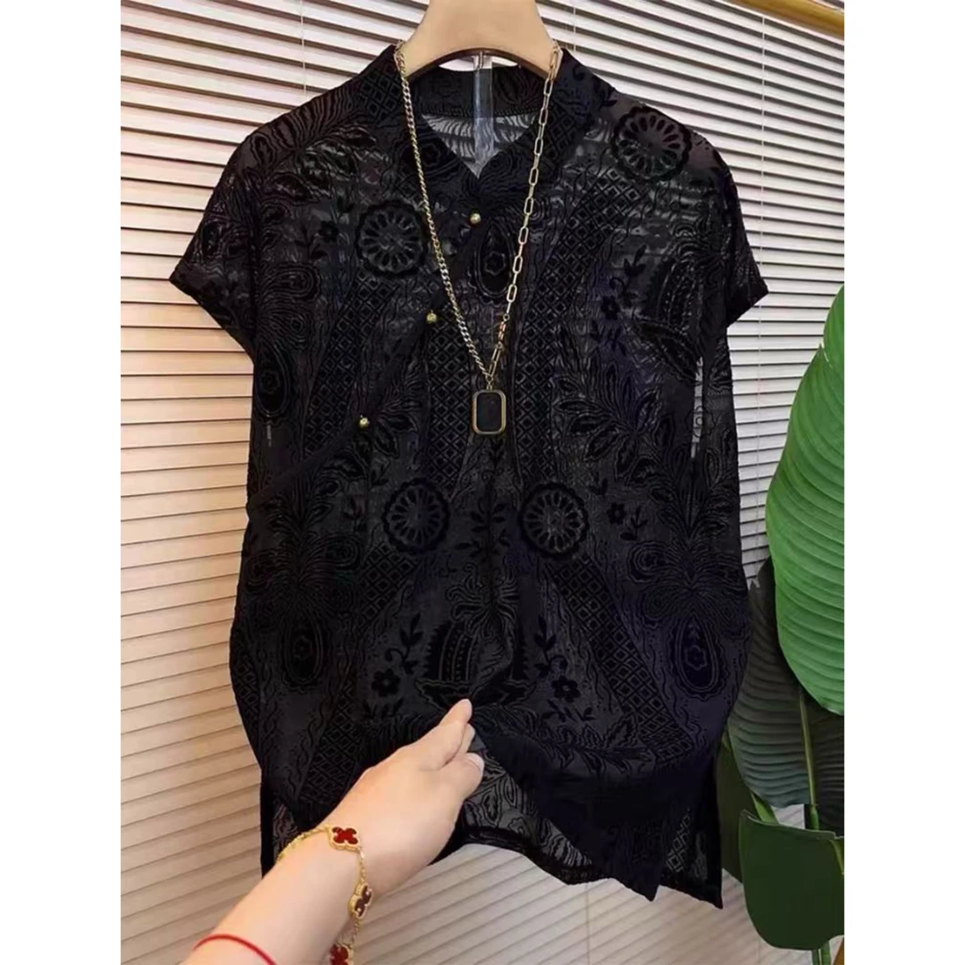 33125-2025年夏季新款时尚气质薄款透肤提花显瘦上衣