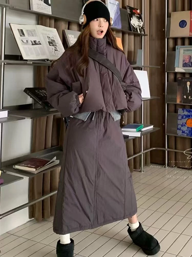 2025冬季时尚套装加厚保暖立领工装长袖外套高腰半身裙套装女