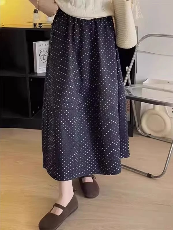 藏青色波点半身裙女2025夏季新款大码胖mm遮胯显瘦半裙拼接A字裙