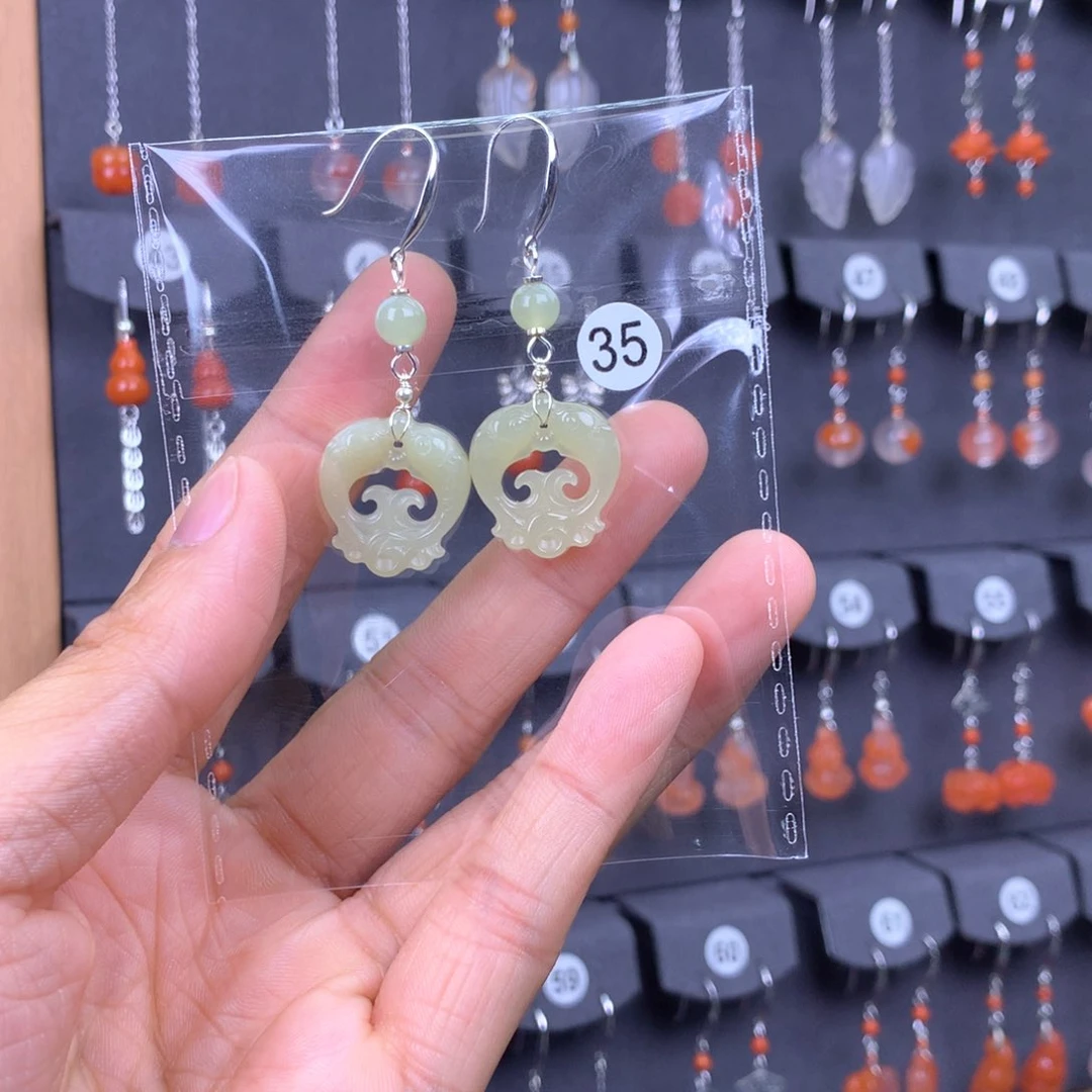 和田玉耳饰银S925镶嵌承*