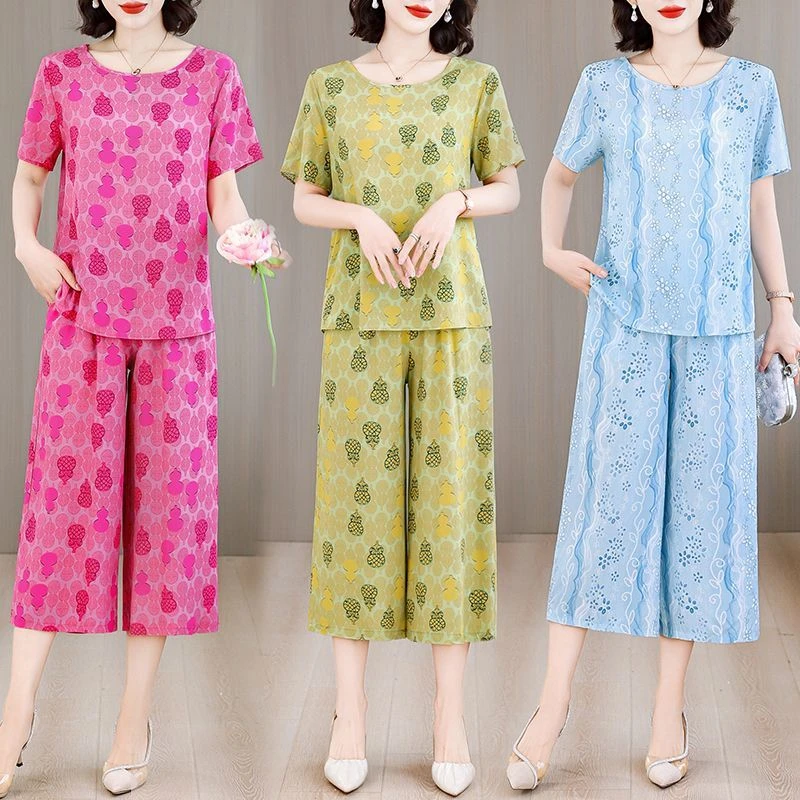棉绸妈妈套装女士夏季宽松新款时尚休闲洋气薄款人造棉短袖两件套