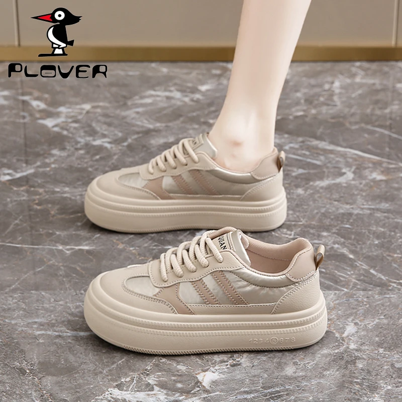 PLOVER2025新款春秋厚底时尚百搭休闲小白鞋踩屎感软底小众板鞋