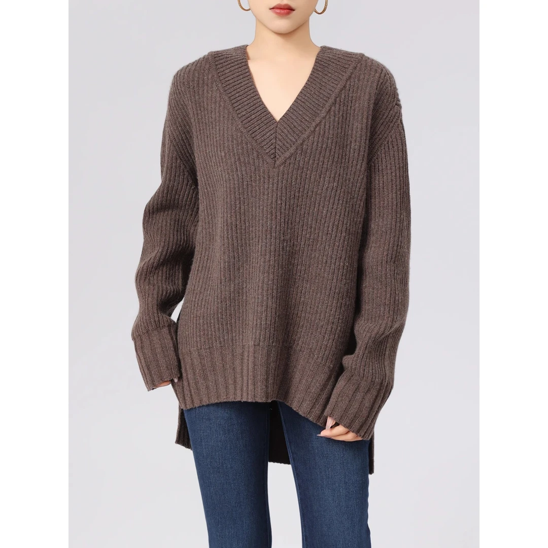 不支持退换/慵懒风宽松V领毛衣不规则下摆羊毛针织衫女士1399602