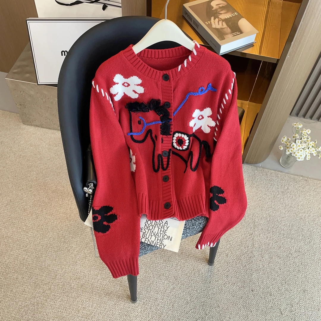 红色小马毛衣女开衫童趣风氛围感毛衣动物卡通毛衣上衣女DF1578