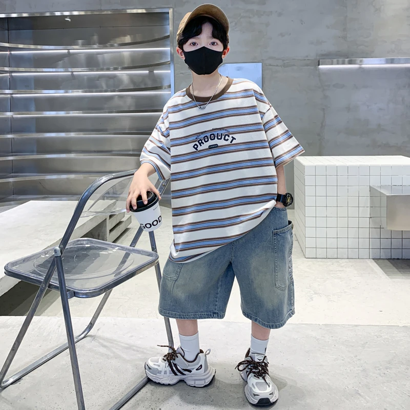 儿童装男童夏装套装2025新款夏季中大童短袖T恤男孩薄款条纹痞帅t
