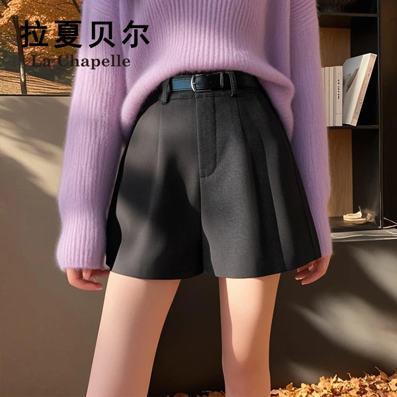 拉夏贝尔灰色西装短裤女2025新款早秋通勤气质宽松休闲阔腿a字裤