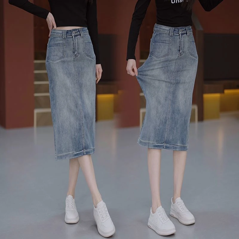 复古蓝水洗开叉牛仔半身裙春夏季新款中长款时髦洋气包臀一步裙子