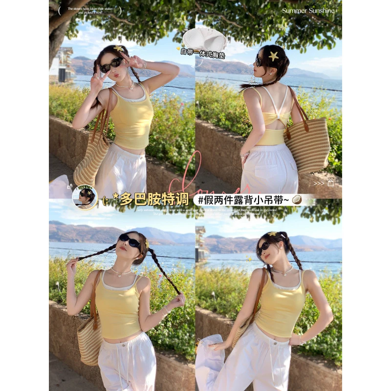 多巴胺奶黄色假两件露背蝴蝶结吊带背心外穿内搭甜辣妹美背打底Y