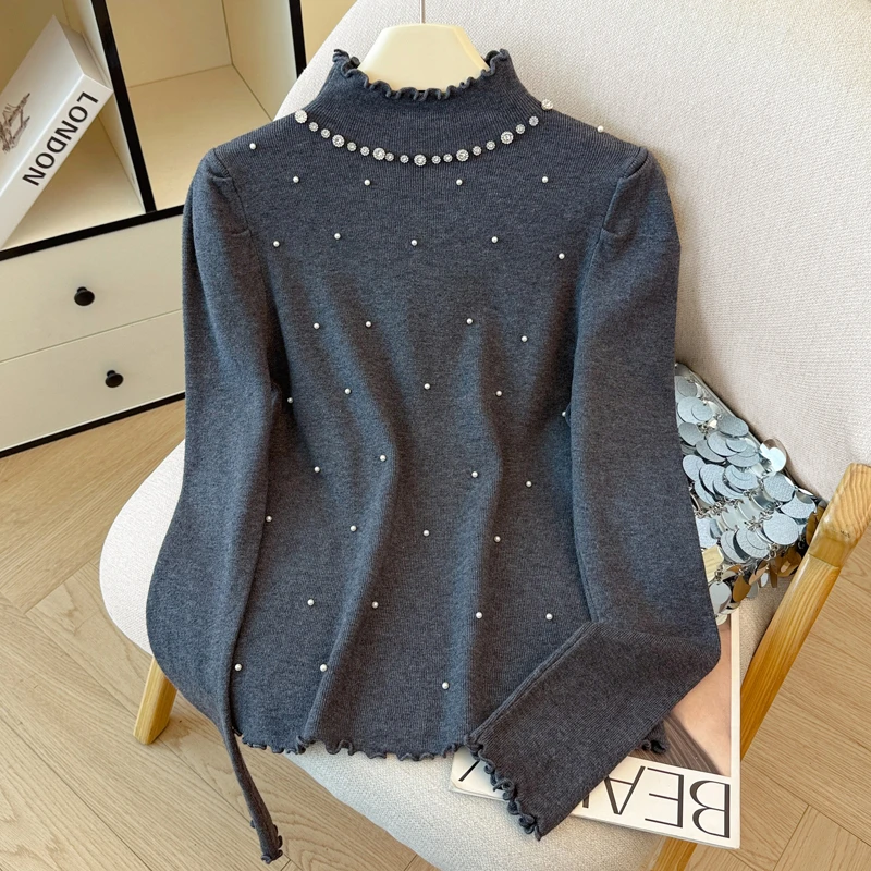 秋冬季新款洋气时髦半高领长袖钉珠T恤女修身内搭针织打底衫上衣