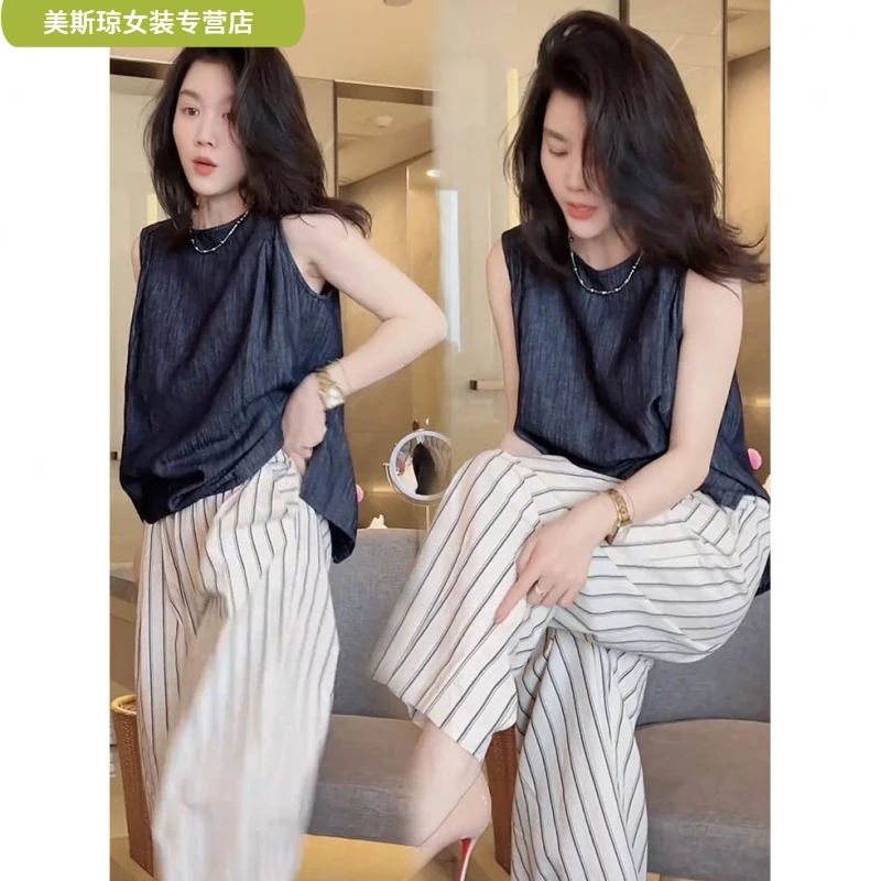 ll2025夏季时尚无袖背心上衣竖条纹阔腿裤盐系轻熟两件套装女潮ll