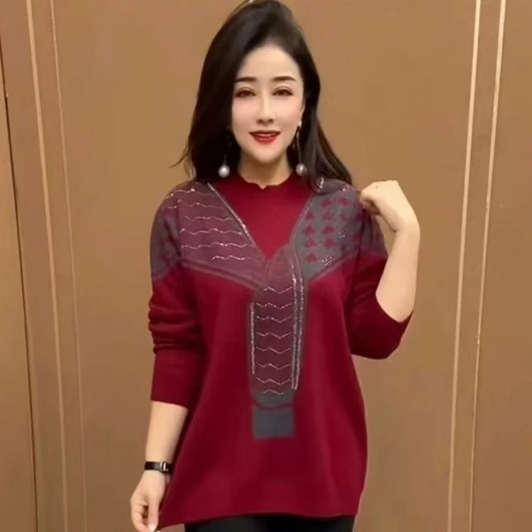 早秋新款时尚圆领宽松针织衫妈妈装毛衣洋气遮肉显瘦百搭打底衫
