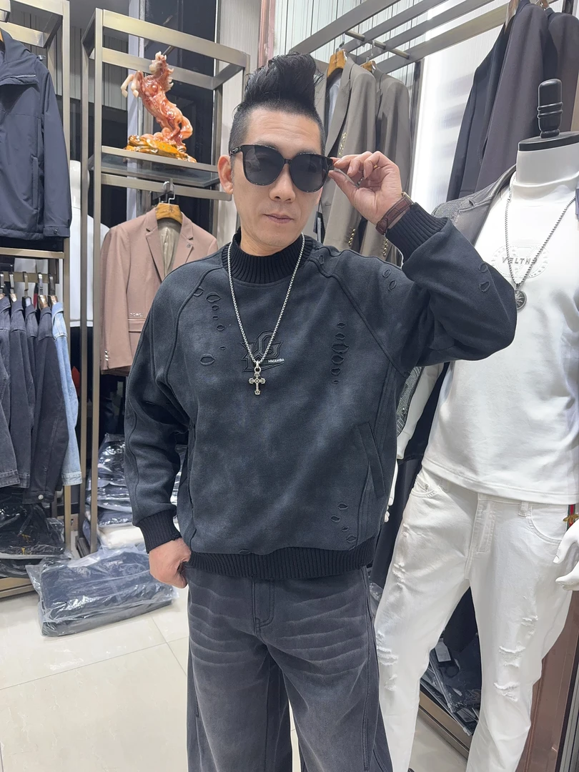 微阔冬款5003加绒长袖拼接时尚扎染男士百搭秋冬卫衣圆领微落肩