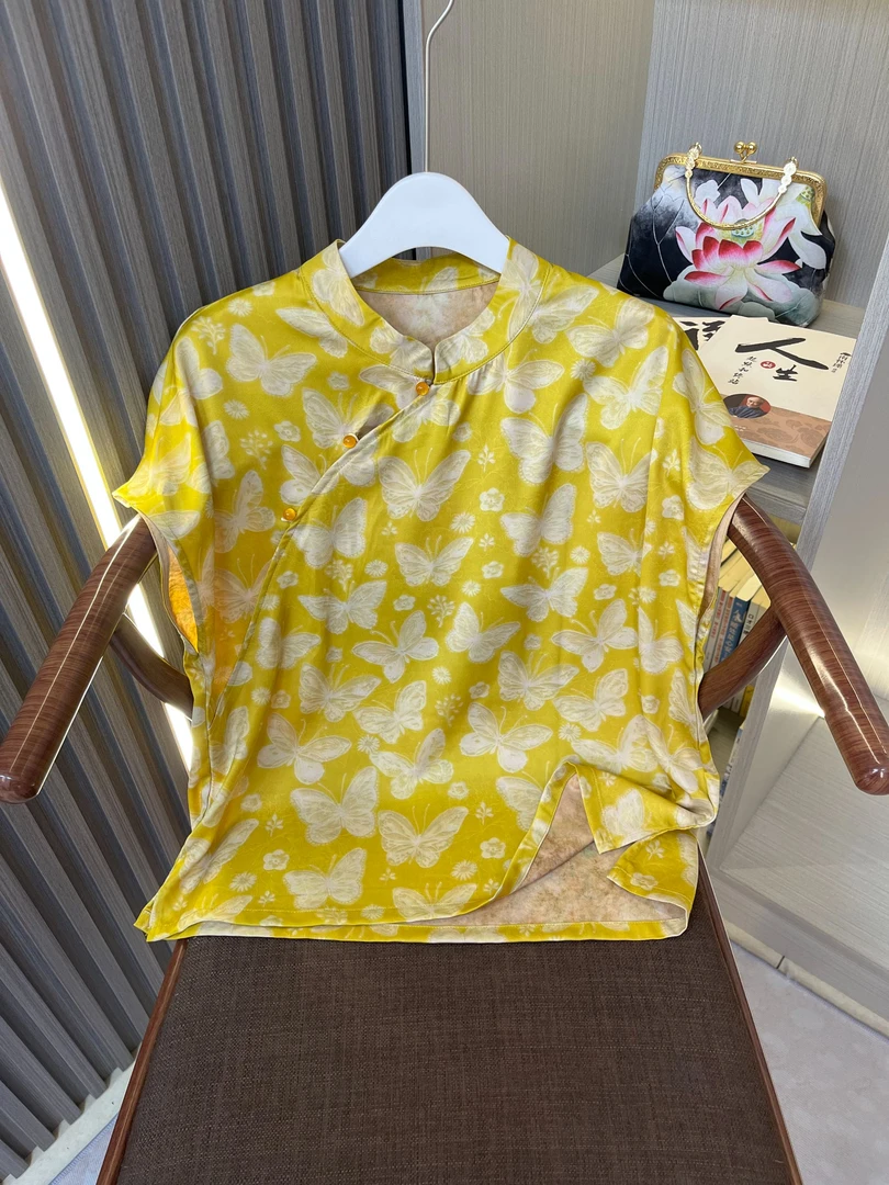 【蝴蝶-短袖】国风新中式夏季薄款文艺彩绘复古国潮薄款短袖上衣女