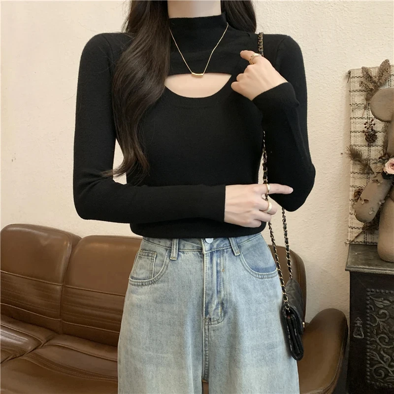 半高领镂空打底衫女内搭2025春秋新款修身显瘦百搭t恤小心机上衣