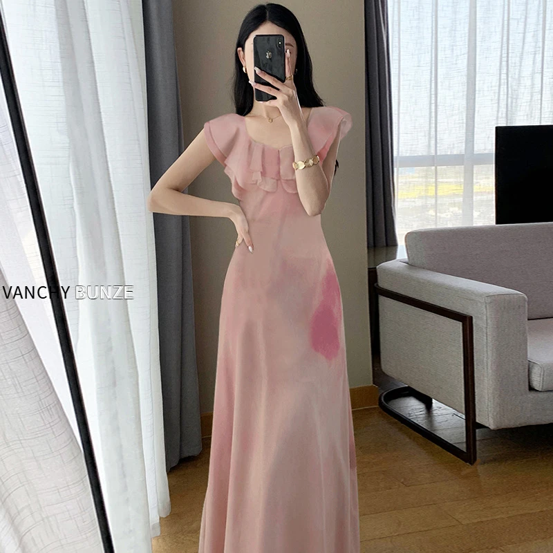 BUNZE 有里布修身气质荷叶边连衣裙2025年夏新款高级感大方法式长