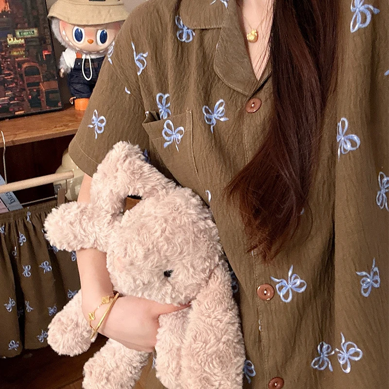 美拉德蝴蝶结睡衣女夏薄款短袖泡泡棉2025新款可爱春秋甜美家居服